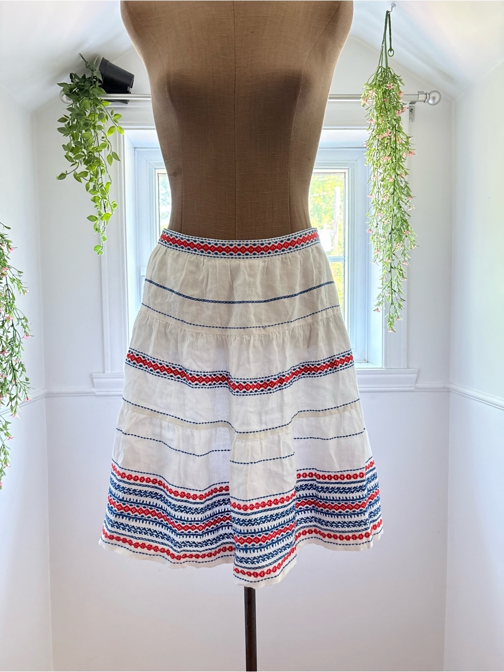 White Embroidered Linen Skirt with Red & Blue Trim